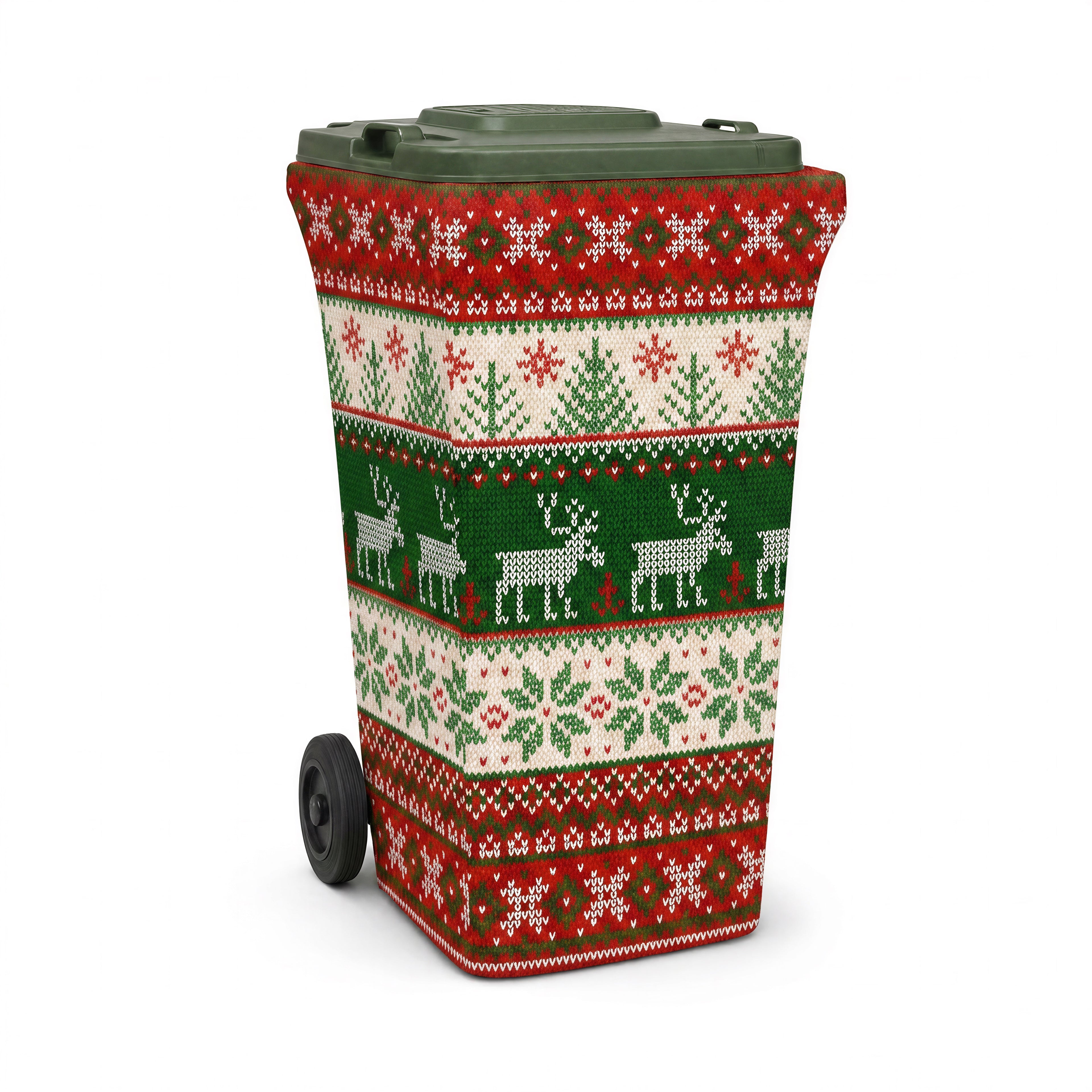 Ugly Sweater knit wheelie bin cover, front view
