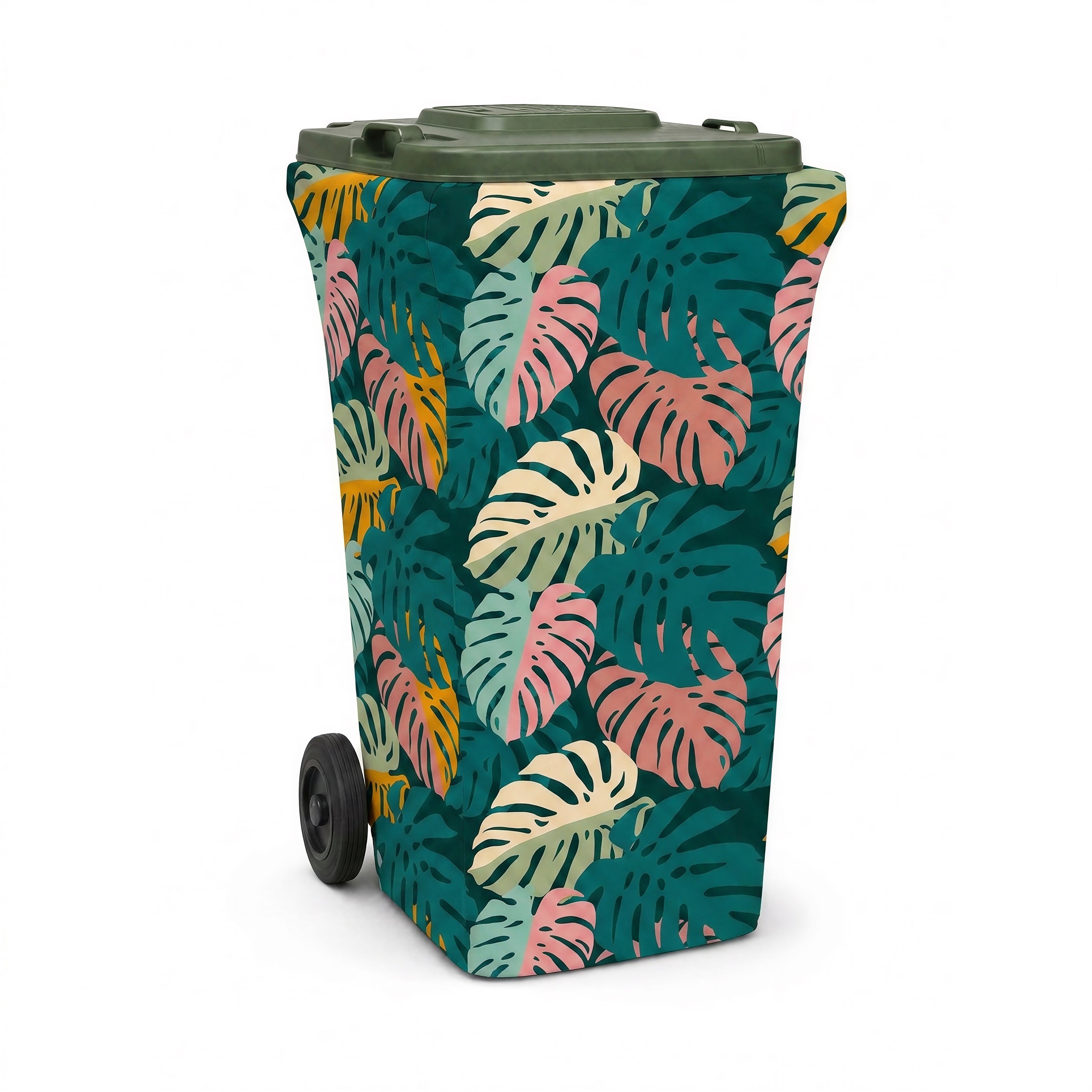 Leaf It Out monstera wheelie bin cover, front view