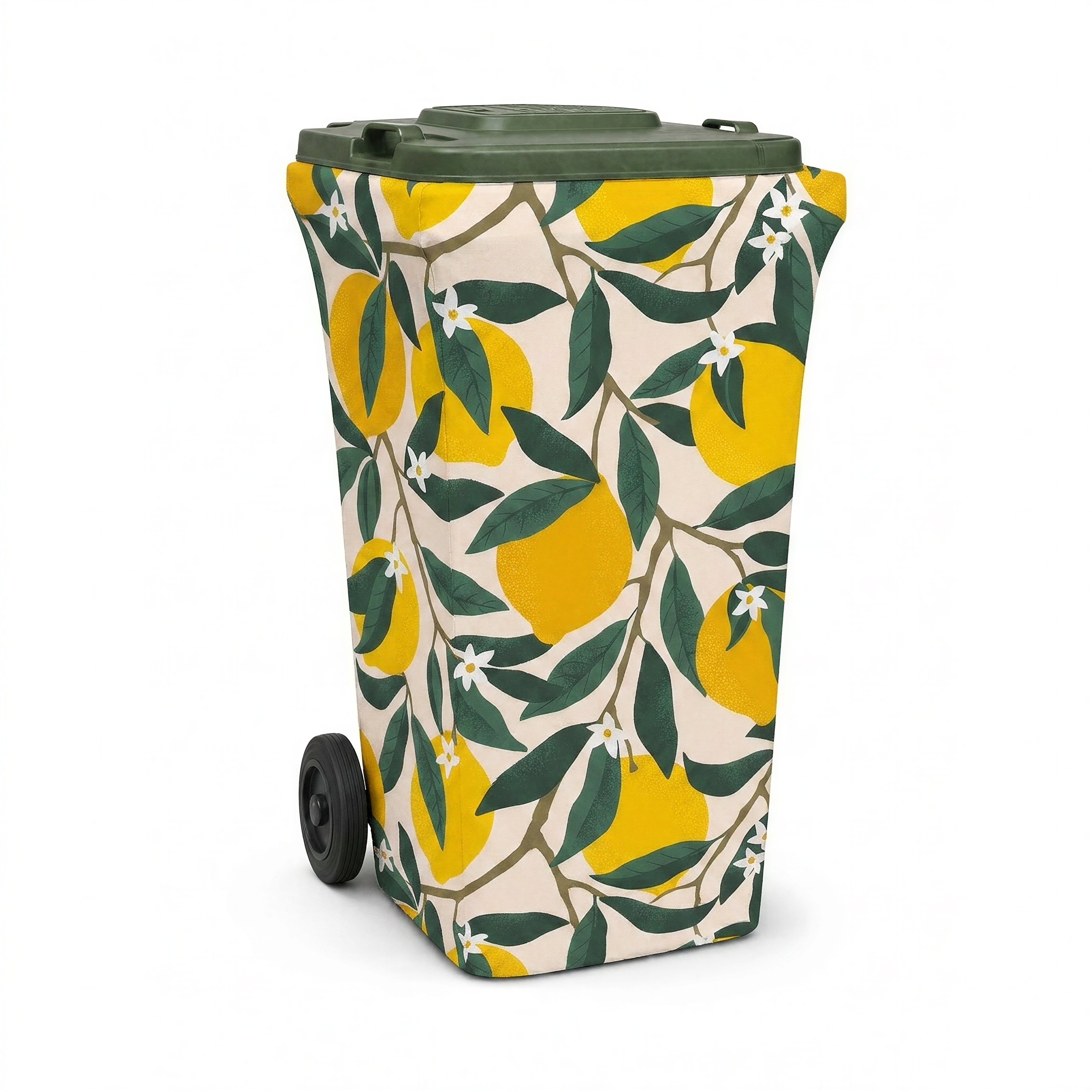 Lemon Squeeze wheelie bin cover, front view