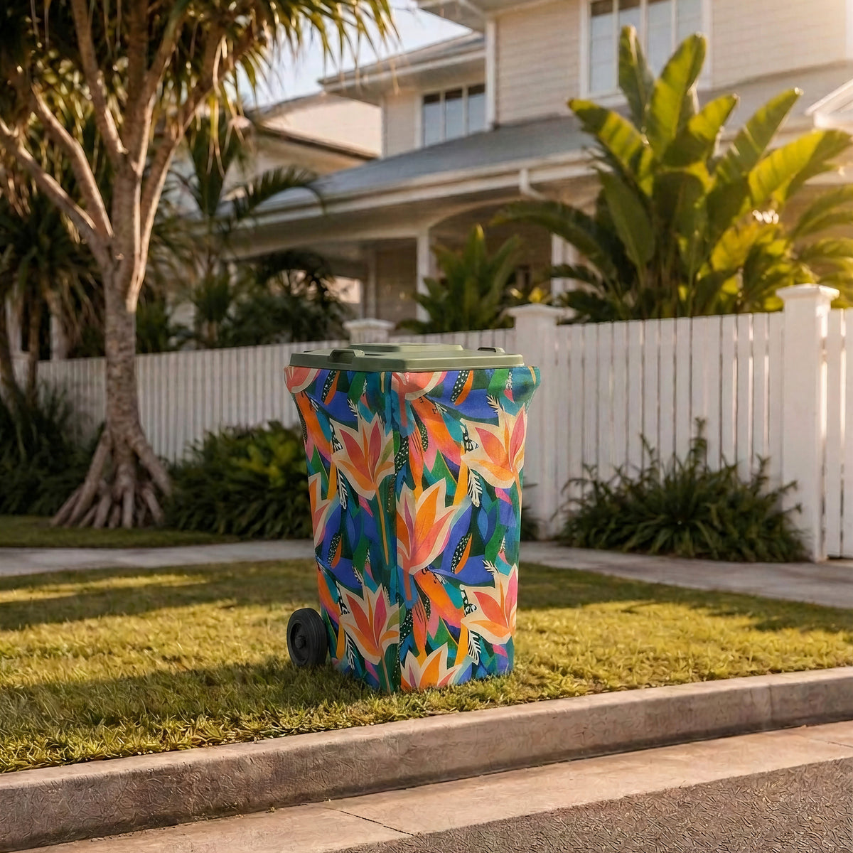 Bins of Paradise wheelie bin cover on a bin at the kerb outside a modern Australian home