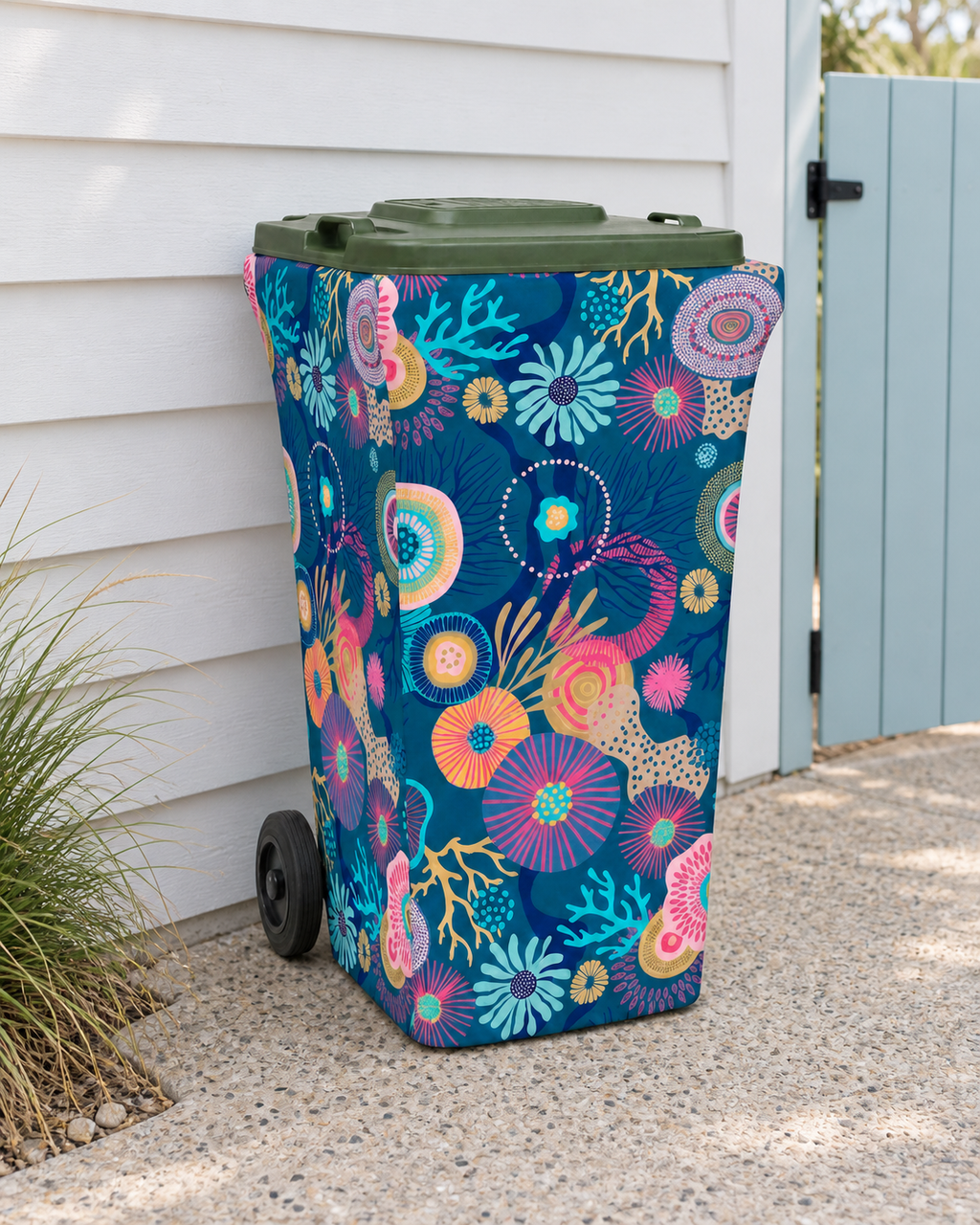 Coral Dreams wheelie bin cover beside a white weatherboard wall and pale blue garden gate