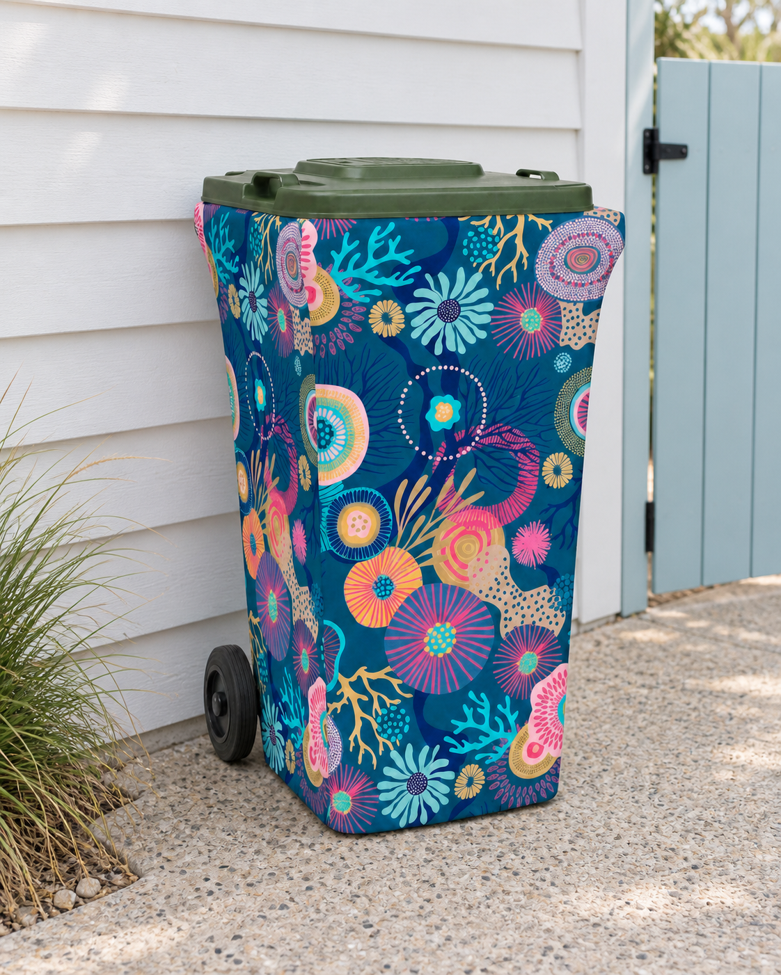 Coral Dreams wheelie bin cover beside a white weatherboard wall and pale blue garden gate