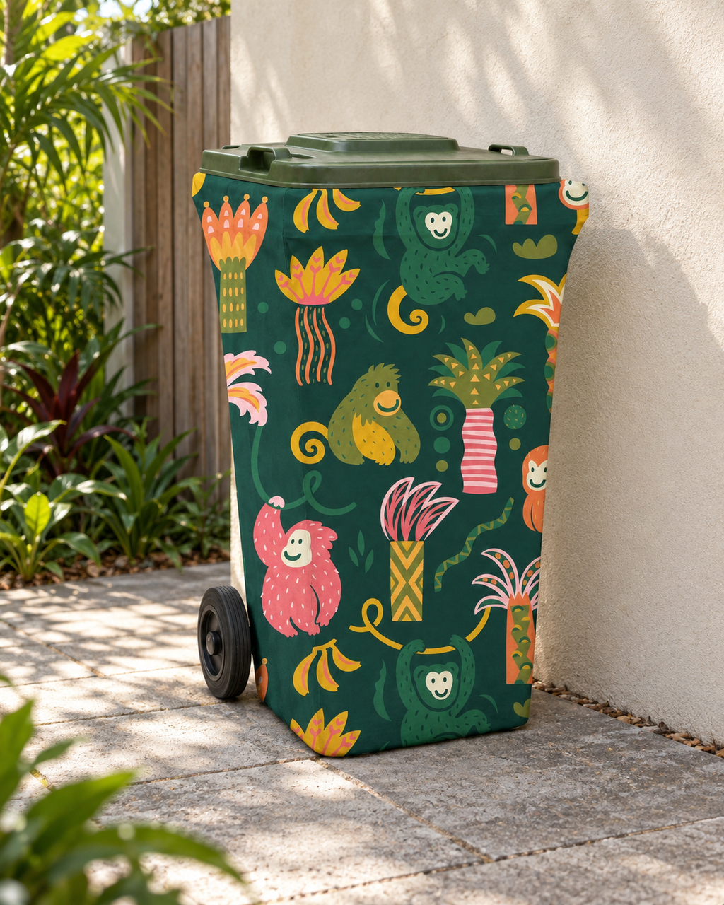 Monkey Business wheelie bin cover in a leafy courtyard beside a rendered wall and timber fence