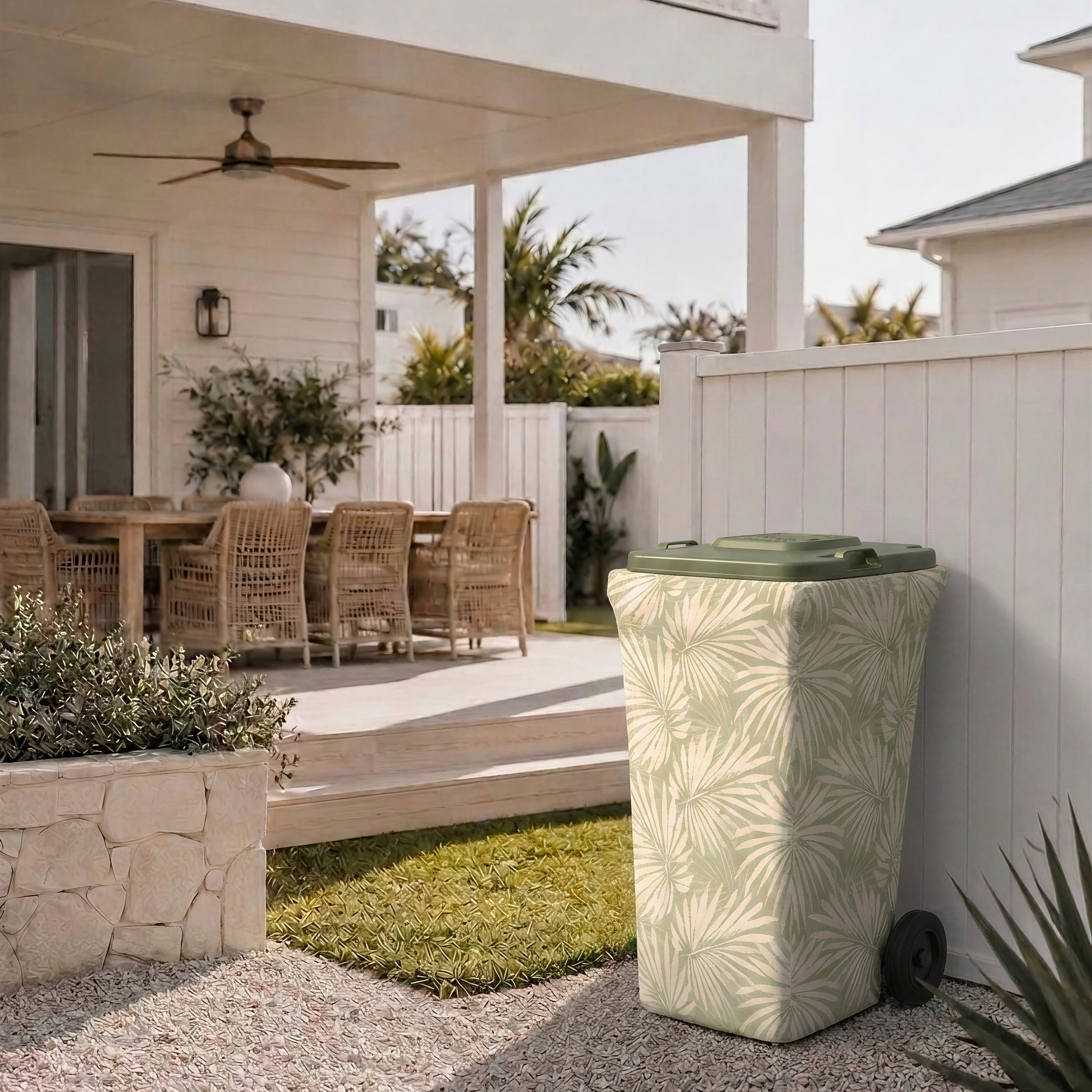 Palm Retreat wheelie bin cover on a bin beside a white fence at a coastal home