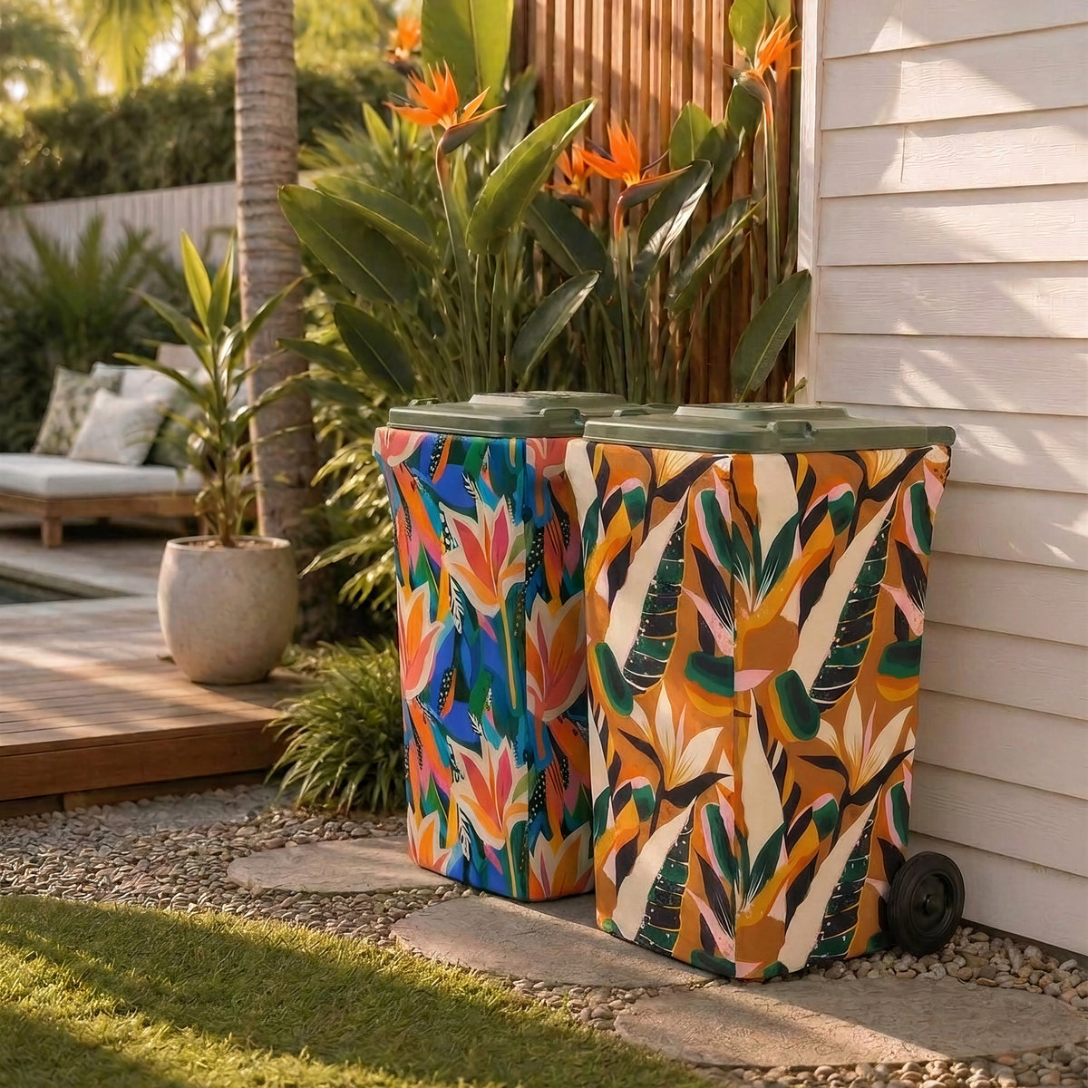 Bins of Paradise and Golden Hour wheelie bin covers side by side in a backyard