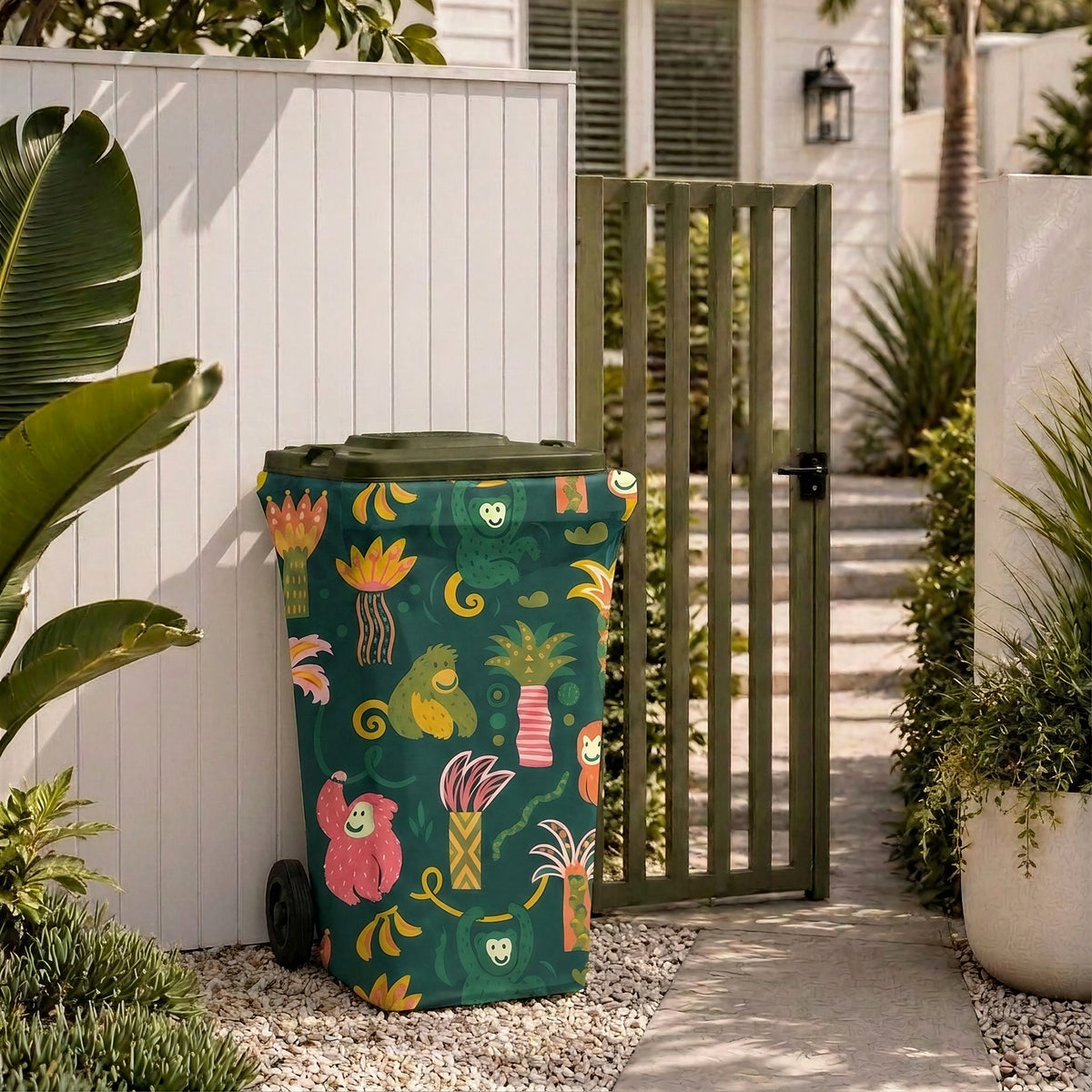 Monkey Business wheelie bin cover on a bin beside the side gate of a modern Australian home